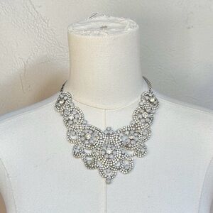 Crystal Statement Necklace - Silver Floral Bib